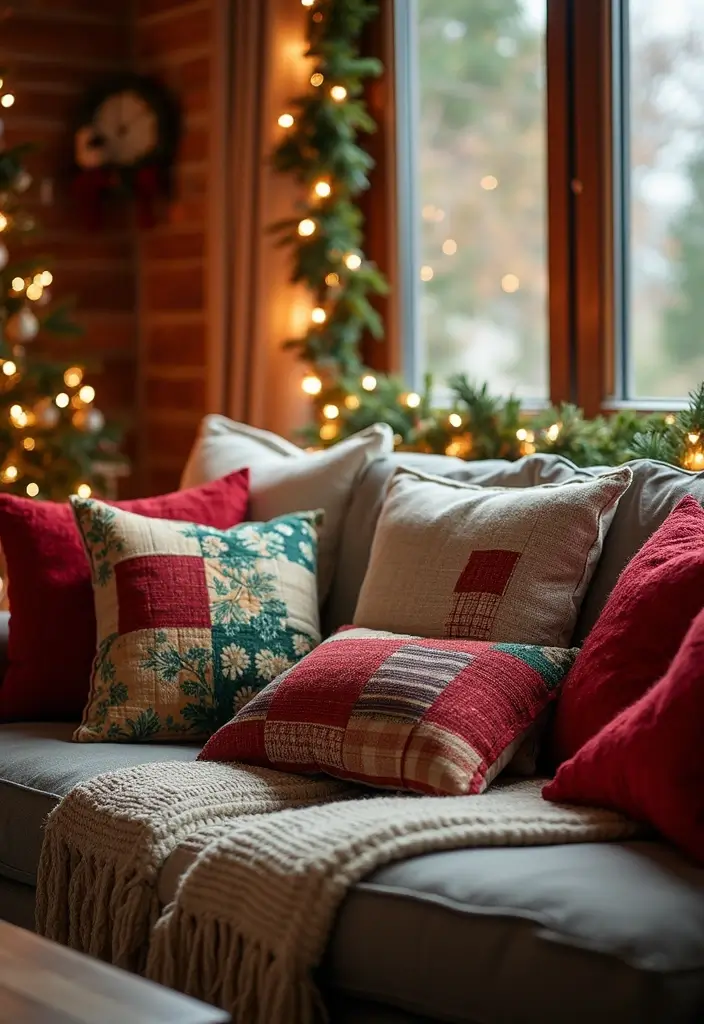 30+ Christmas Throw Pillows for Couches: Festive and Cozy Ideas 21 30+ Christmas Throw Pillows for Couches: Festive and Cozy Ideas - 21. Festive Patchwork