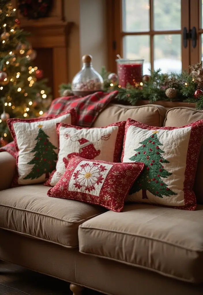 30+ Christmas Throw Pillows for Couches: Festive and Cozy Ideas 28 30+ Christmas Throw Pillows for Couches: Festive and Cozy Ideas - 28. Holiday-themed Quilted Pillows