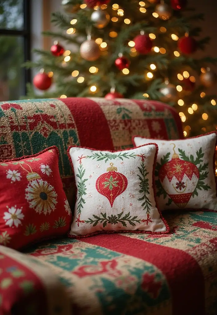30+ Christmas Throw Pillows for Couches: Festive and Cozy Ideas 29 30+ Christmas Throw Pillows for Couches: Festive and Cozy Ideas - 29. Cheerful Baubles and Ornaments
