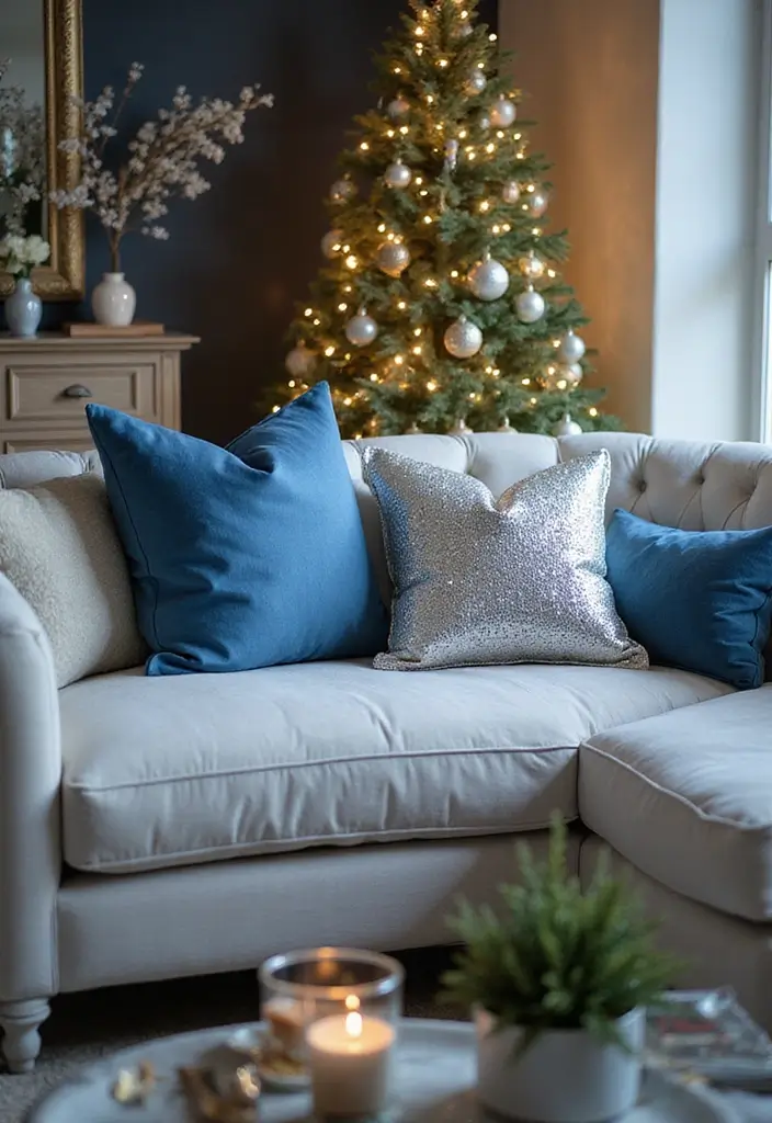 30+ Christmas Throw Pillows for Couches: Festive and Cozy Ideas 30 30+ Christmas Throw Pillows for Couches: Festive and Cozy Ideas - 30. Bright Silver and Blue