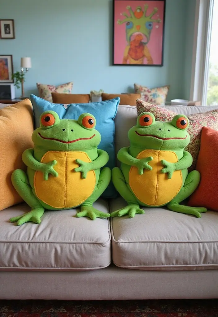 30 Cute Pillows for Couches That Add Personality to Any Room 14 30 Cute Pillows for Couches That Add Personality to Any Room - 14. Funky Frog Pillows