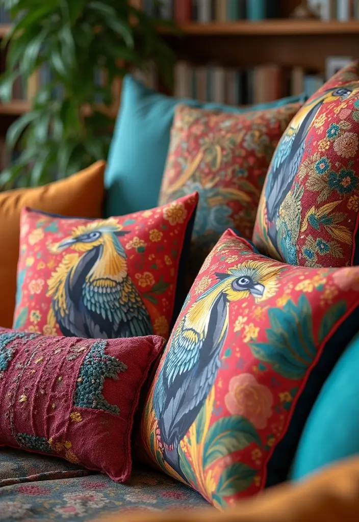 30 Cute Pillows for Couches That Add Personality to Any Room 29 30 Cute Pillows for Couches That Add Personality to Any Room - 29. Vibrant Vulture Pillows