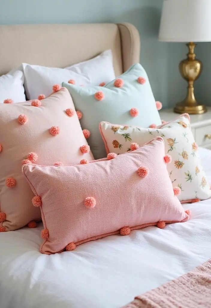 30 Decorative Bed Pillow Ideas That Make Any Bedroom Feel Luxe 19 30 Decorative Bed Pillow Ideas That Make Any Bedroom Feel Luxe - 19. Whimsical Pom-Pom Accents