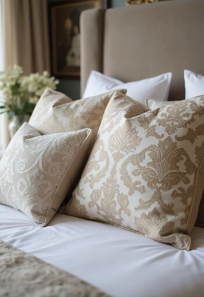30 Decorative Bed Pillow Ideas That Make Any Bedroom Feel Luxe 20 30 Decorative Bed Pillow Ideas That Make Any Bedroom Feel Luxe - 20. Elegant Damask Designs