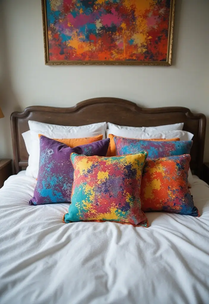 30 Decorative Bed Pillow Ideas That Make Any Bedroom Feel Luxe 22 30 Decorative Bed Pillow Ideas That Make Any Bedroom Feel Luxe - 22. Artistic Abstract Prints