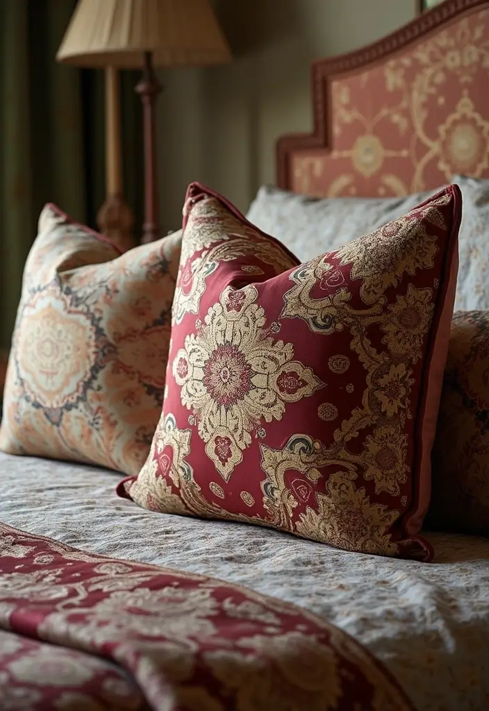 30 Decorative Bed Pillow Ideas That Make Any Bedroom Feel Luxe 26 30 Decorative Bed Pillow Ideas That Make Any Bedroom Feel Luxe - 26. Rich Tapestry Designs