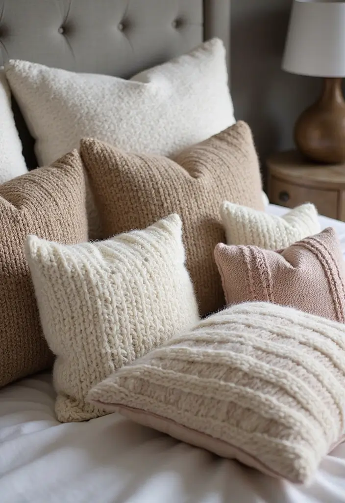 30 Decorative Bed Pillow Ideas That Make Any Bedroom Feel Luxe 4 30 Decorative Bed Pillow Ideas That Make Any Bedroom Feel Luxe - 4. Textured Knitted Cushions