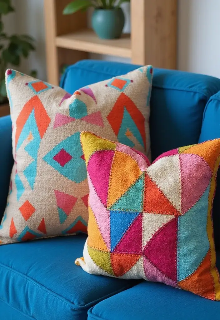 30 Decorative Pillows for a Blue Couch That Tie the Room Together 1 30 Decorative Pillows for a Blue Couch That Tie the Room Together - 1. Colorful Geometric Prints