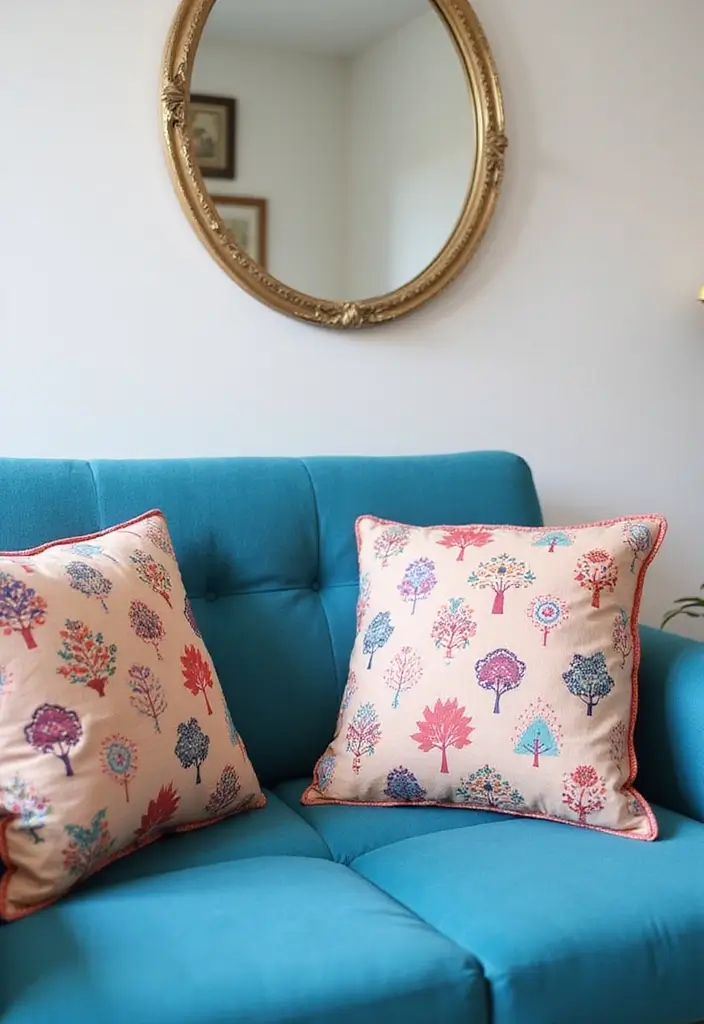30 Decorative Pillows for a Blue Couch That Tie the Room Together 10 30 Decorative Pillows for a Blue Couch That Tie the Room Together - 10. Whimsical Patterns