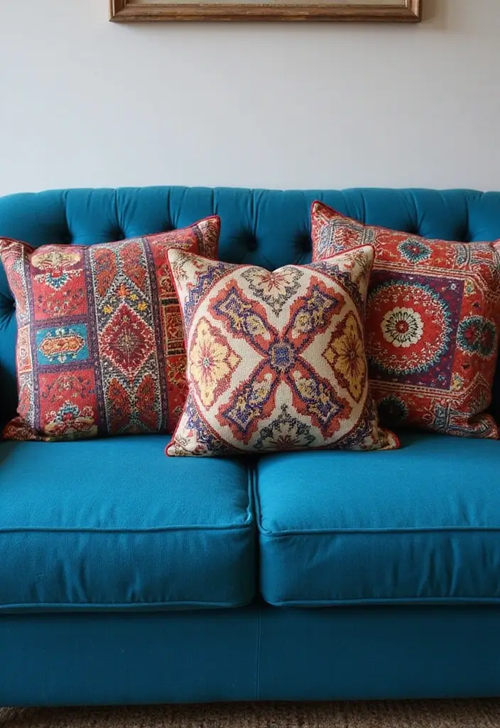 30 Decorative Pillows for a Blue Couch That Tie the Room Together 12 30 Decorative Pillows for a Blue Couch That Tie the Room Together - 12. Ethnic Prints