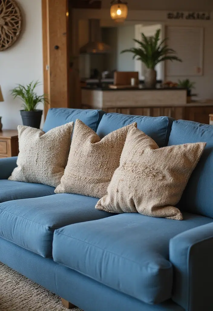 30 Decorative Pillows for a Blue Couch That Tie the Room Together 14 30 Decorative Pillows for a Blue Couch That Tie the Room Together - 14. Rustic Textures