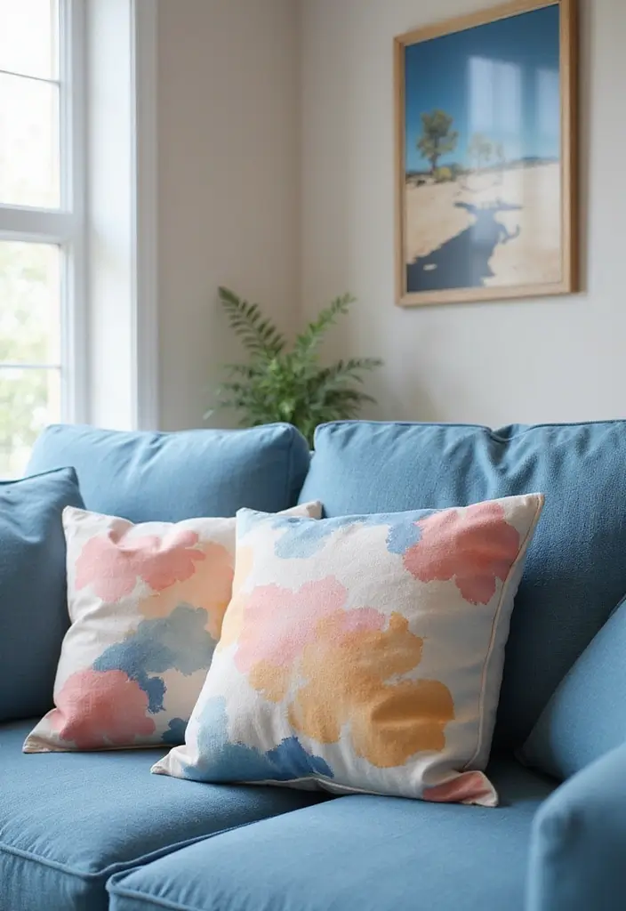 30 Decorative Pillows for a Blue Couch That Tie the Room Together 17 30 Decorative Pillows for a Blue Couch That Tie the Room Together - 17. Artistic Watercolor Designs
