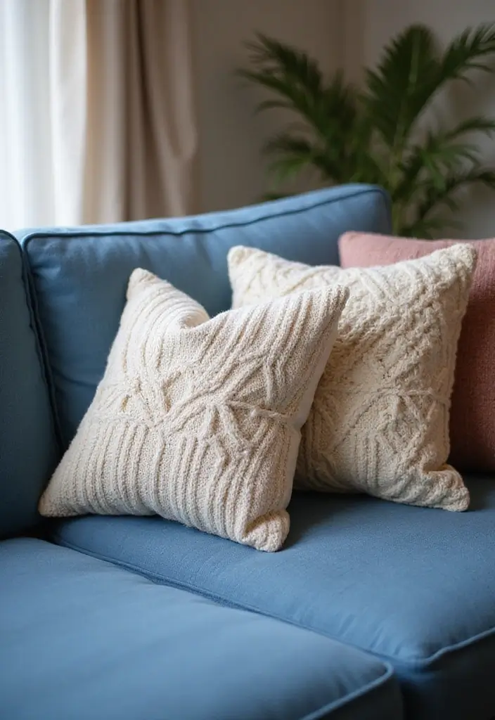30 Decorative Pillows for a Blue Couch That Tie the Room Together 2 30 Decorative Pillows for a Blue Couch That Tie the Room Together - 2. Textured Knitted Pillows