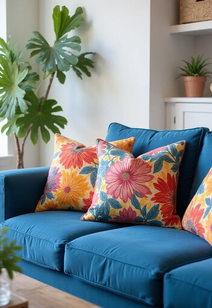 30 Decorative Pillows for a Blue Couch That Tie the Room Together 20 30 Decorative Pillows for a Blue Couch That Tie the Room Together - 20. Bold Floral Patterns