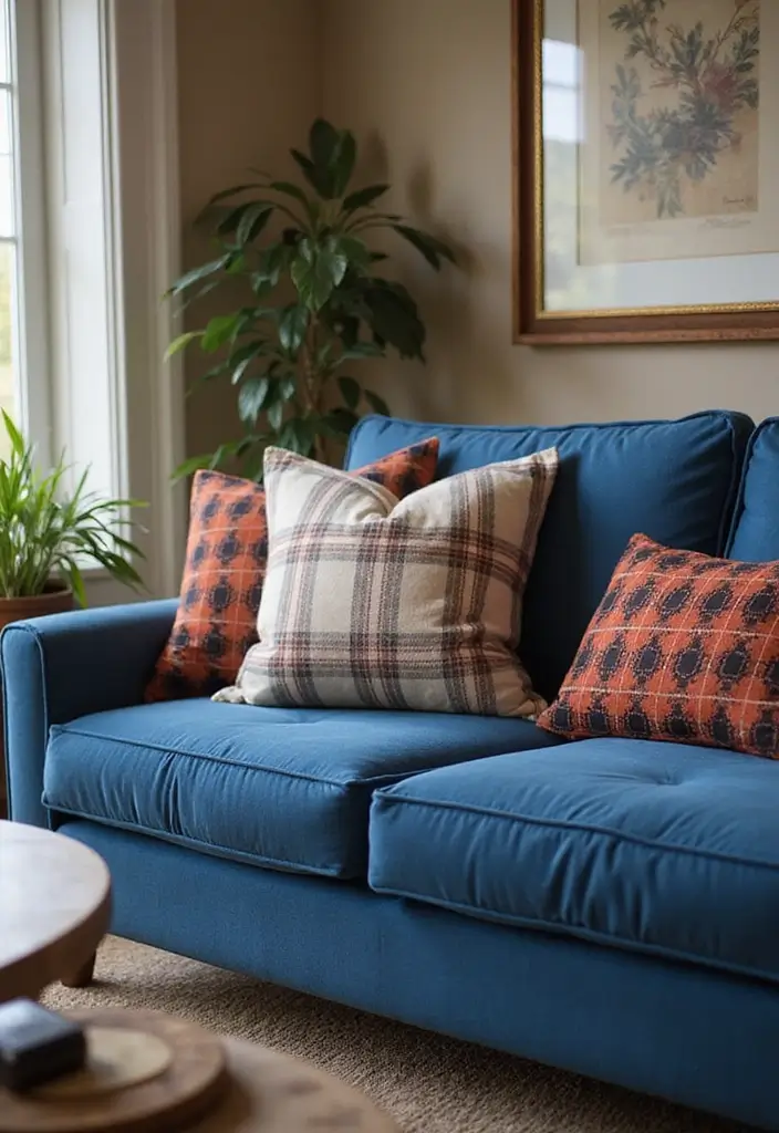 30 Decorative Pillows for a Blue Couch That Tie the Room Together 23 30 Decorative Pillows for a Blue Couch That Tie the Room Together - 23. Classic Plaid