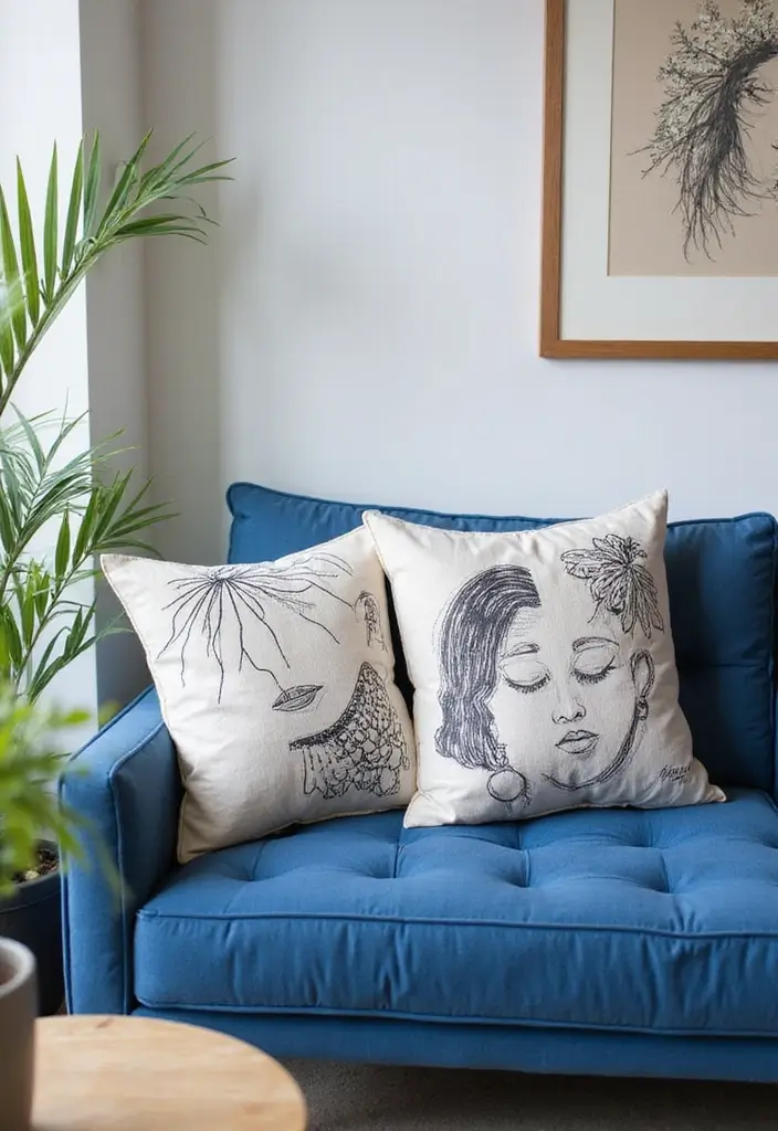 30 Decorative Pillows for a Blue Couch That Tie the Room Together 24 30 Decorative Pillows for a Blue Couch That Tie the Room Together - 24. Artistic Sketch Designs