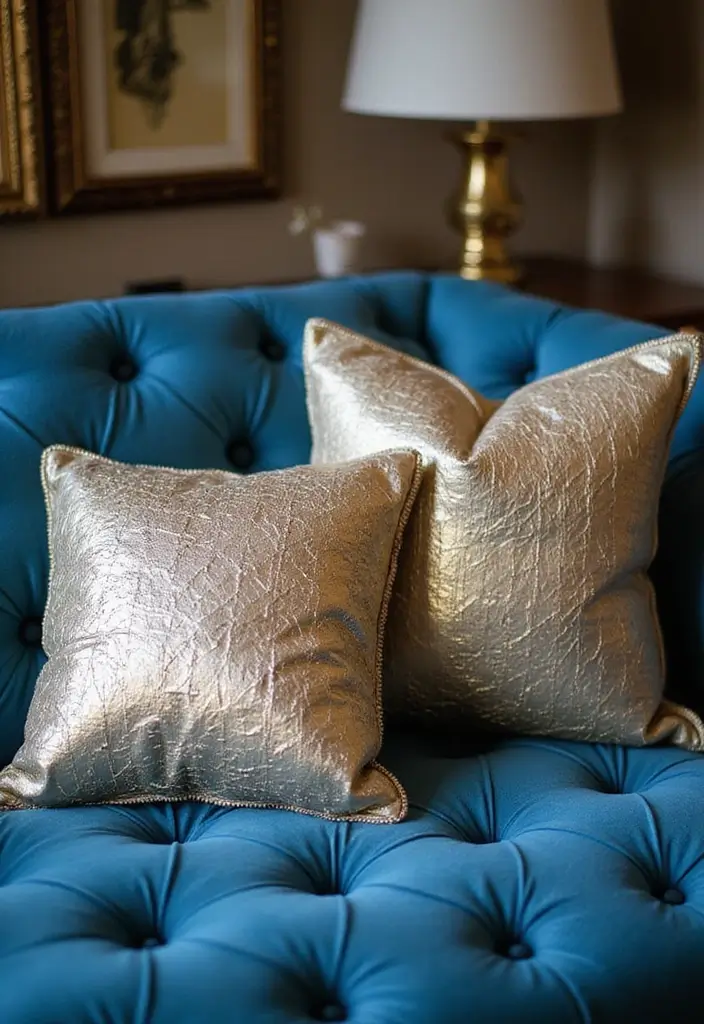 30 Decorative Pillows for a Blue Couch That Tie the Room Together 25 30 Decorative Pillows for a Blue Couch That Tie the Room Together - 25. Elegant Metallic Accents