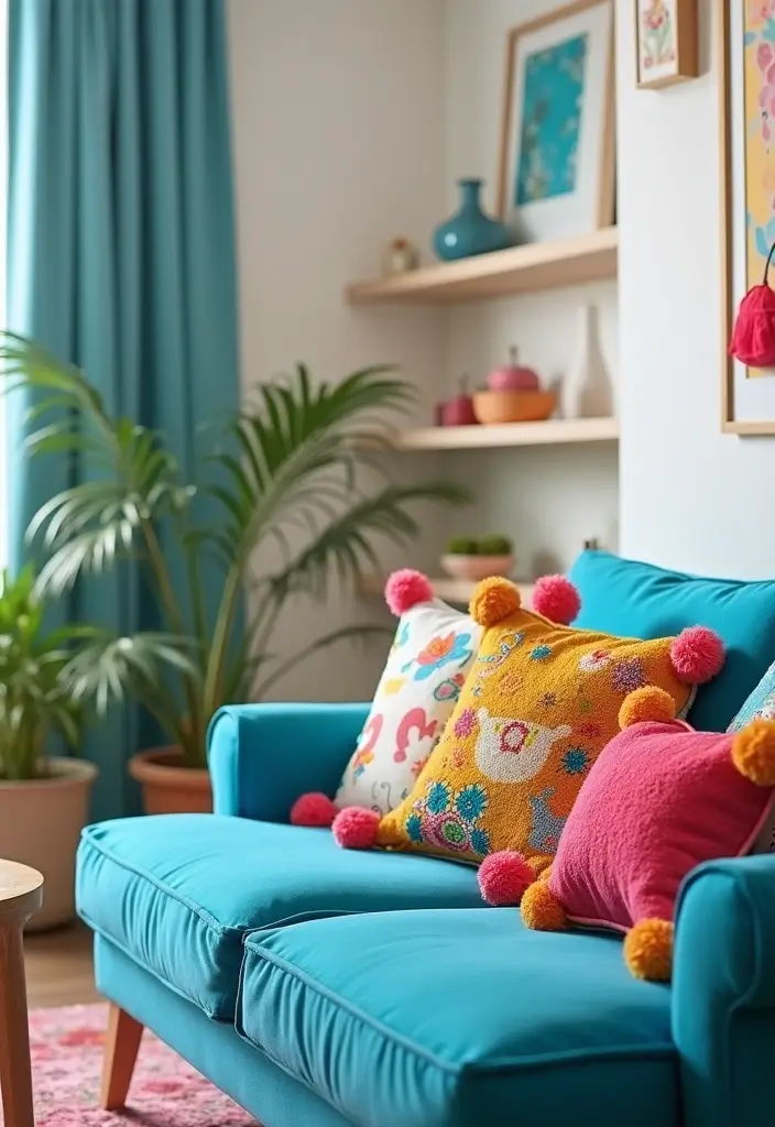 30 Decorative Pillows for a Blue Couch That Tie the Room Together 27 30 Decorative Pillows for a Blue Couch That Tie the Room Together - 27. Playful Pom Poms