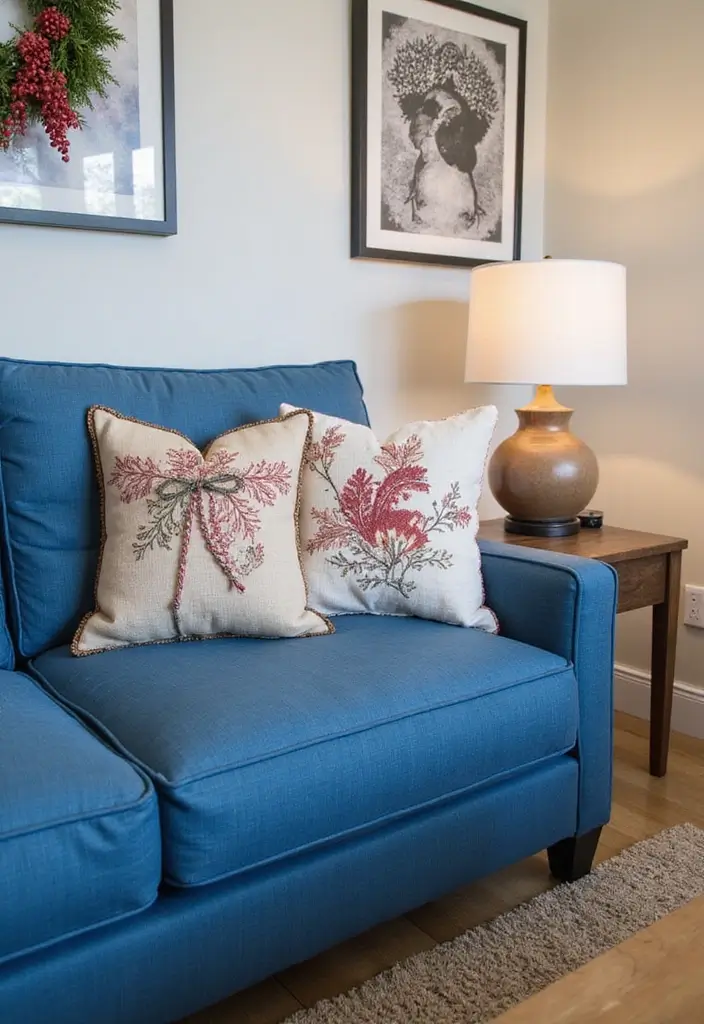 30 Decorative Pillows for a Blue Couch That Tie the Room Together 29 30 Decorative Pillows for a Blue Couch That Tie the Room Together - 29. Seasonal Themes