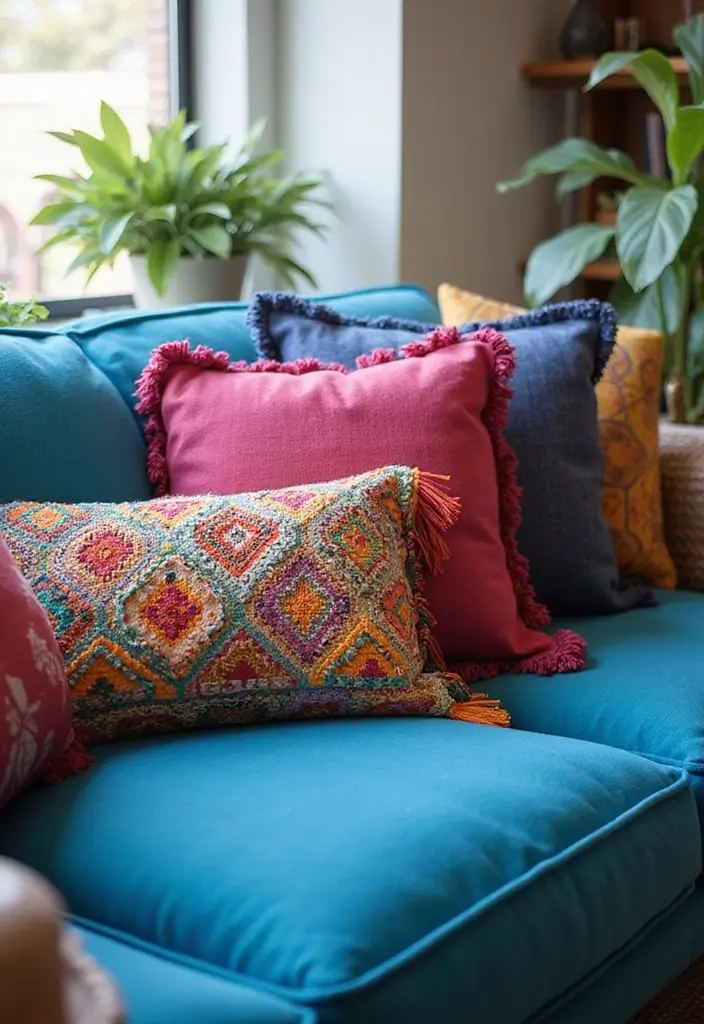 30 Decorative Pillows for a Blue Couch That Tie the Room Together 8 30 Decorative Pillows for a Blue Couch That Tie the Room Together - 8. Bohemian Fringe Pillows