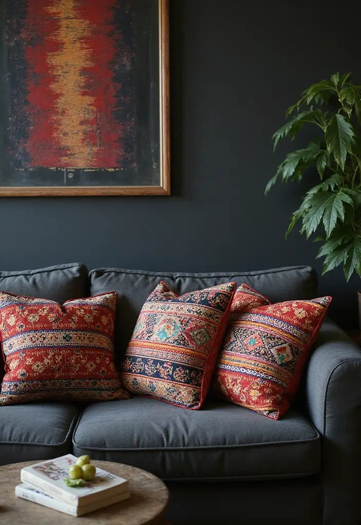 30+ Perfect Pillows for a Dark Grey Couch: Modern and Chic 10 30+ Perfect Pillows for a Dark Grey Couch: Modern and Chic - 10. Ethnic Prints to Celebrate Culture