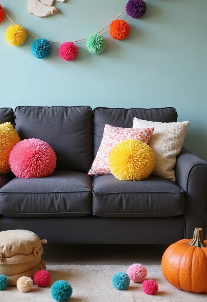 30+ Perfect Pillows for a Dark Grey Couch: Modern and Chic 11 30+ Perfect Pillows for a Dark Grey Couch: Modern and Chic - 11. Playful Pom-Pom Accents