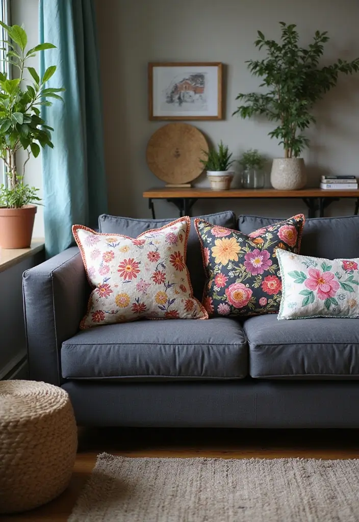 30+ Perfect Pillows for a Dark Grey Couch: Modern and Chic 13 30+ Perfect Pillows for a Dark Grey Couch: Modern and Chic - 13. Bohemian Floral Prints
