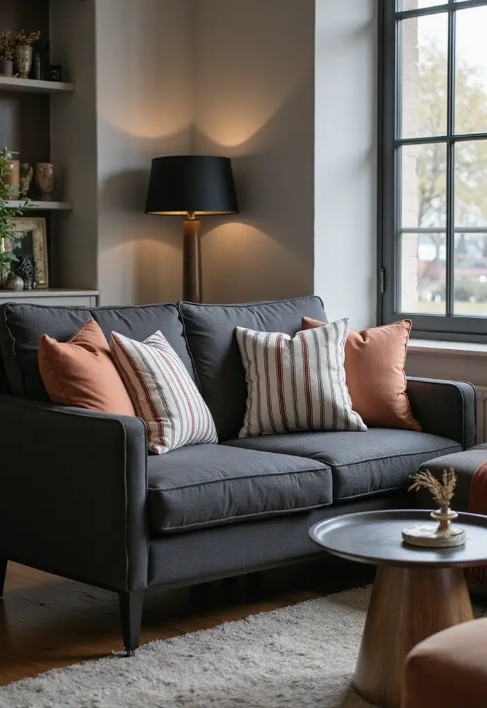 30+ Perfect Pillows for a Dark Grey Couch: Modern and Chic 14 30+ Perfect Pillows for a Dark Grey Couch: Modern and Chic - 14. Chic Stripes and Lines
