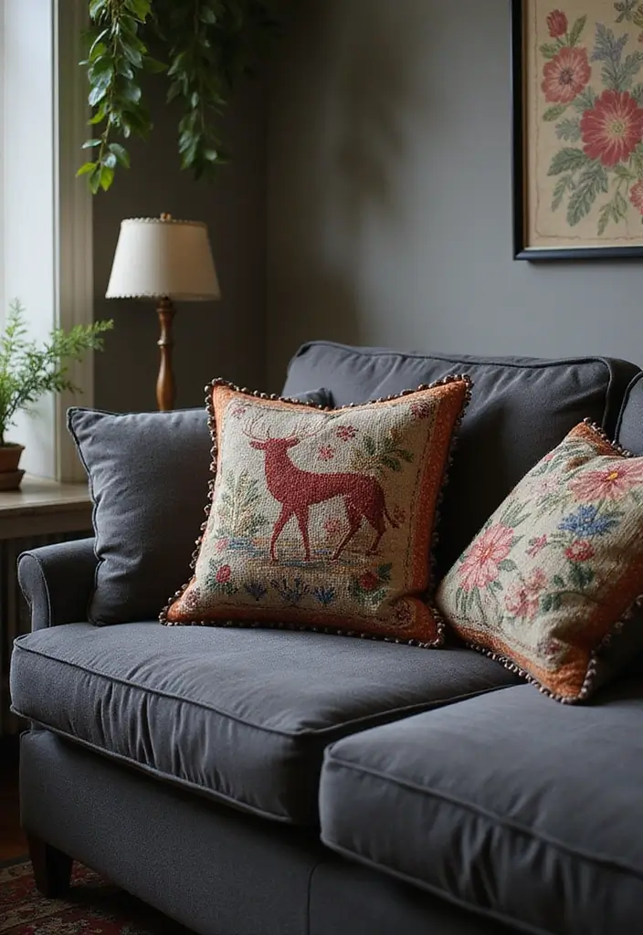 30+ Perfect Pillows for a Dark Grey Couch: Modern and Chic 16 30+ Perfect Pillows for a Dark Grey Couch: Modern and Chic - 16. Artistic Needlepoint Designs