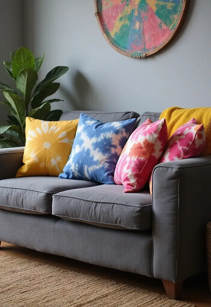 30+ Perfect Pillows for a Dark Grey Couch: Modern and Chic 26 30+ Perfect Pillows for a Dark Grey Couch: Modern and Chic - 26. Bohemian Tie-Dye Patterns
