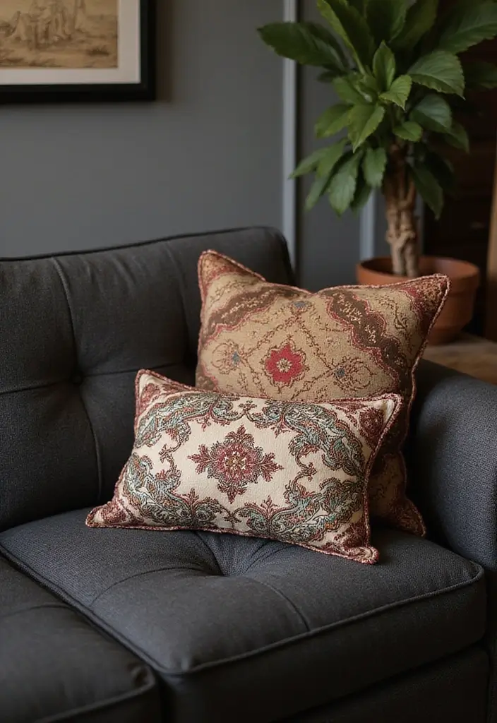 30+ Perfect Pillows for a Dark Grey Couch: Modern and Chic 3 30+ Perfect Pillows for a Dark Grey Couch: Modern and Chic - 3. Vintage-Inspired Patterns