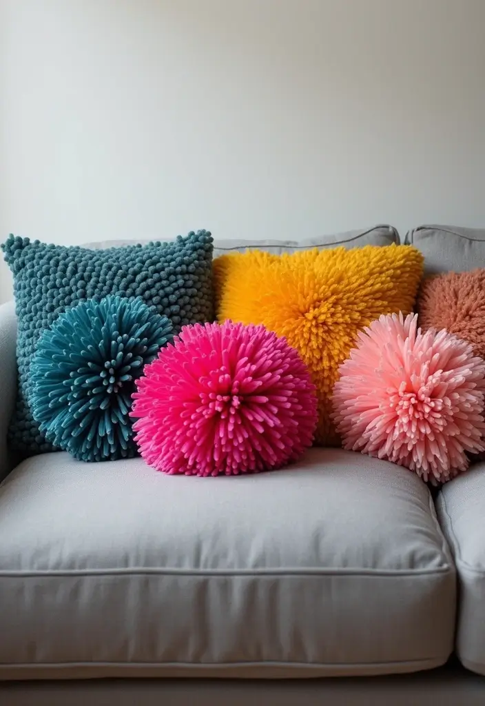 30+ Pillows for a Grey Couch That Add Depth and Character - 20. Boho-Chic Pom Pom Pillows