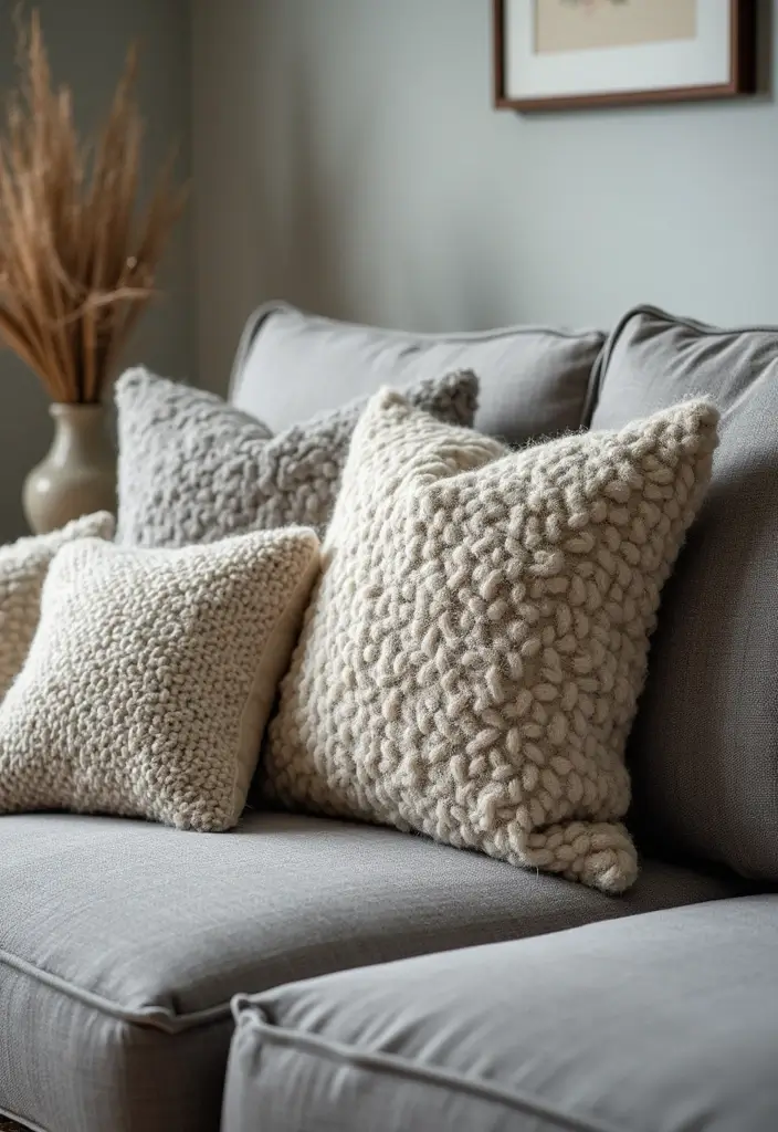 30+ Pillows for a Grey Couch That Add Depth and Character - 6. Patterned Boucle Pillows