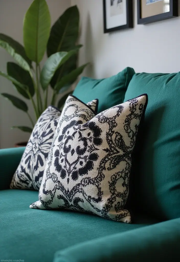 30 Pillows for an Emerald Green Couch That Make a Statement 1 30 Pillows for an Emerald Green Couch That Make a Statement - 1. Striking Black and White Geometric