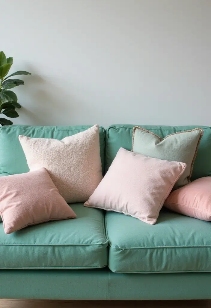 30 Pillows for an Emerald Green Couch That Make a Statement 12 30 Pillows for an Emerald Green Couch That Make a Statement - 12. Soft Pastels for a Gentle Touch