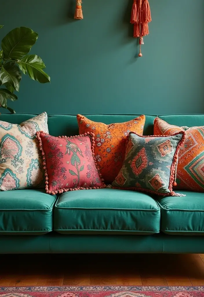 30 Pillows for an Emerald Green Couch That Make a Statement 17 30 Pillows for an Emerald Green Couch That Make a Statement - 17. Bohemian Textiles