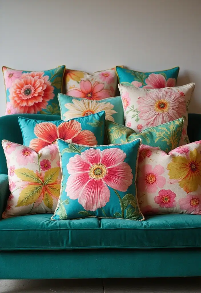 30 Pillows for an Emerald Green Couch That Make a Statement 2 30 Pillows for an Emerald Green Couch That Make a Statement - 2. Bold Floral Prints