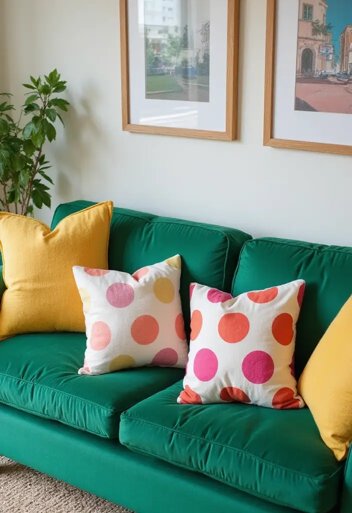 30 Pillows for an Emerald Green Couch That Make a Statement 21 30 Pillows for an Emerald Green Couch That Make a Statement - 21. Playful Polka Dots