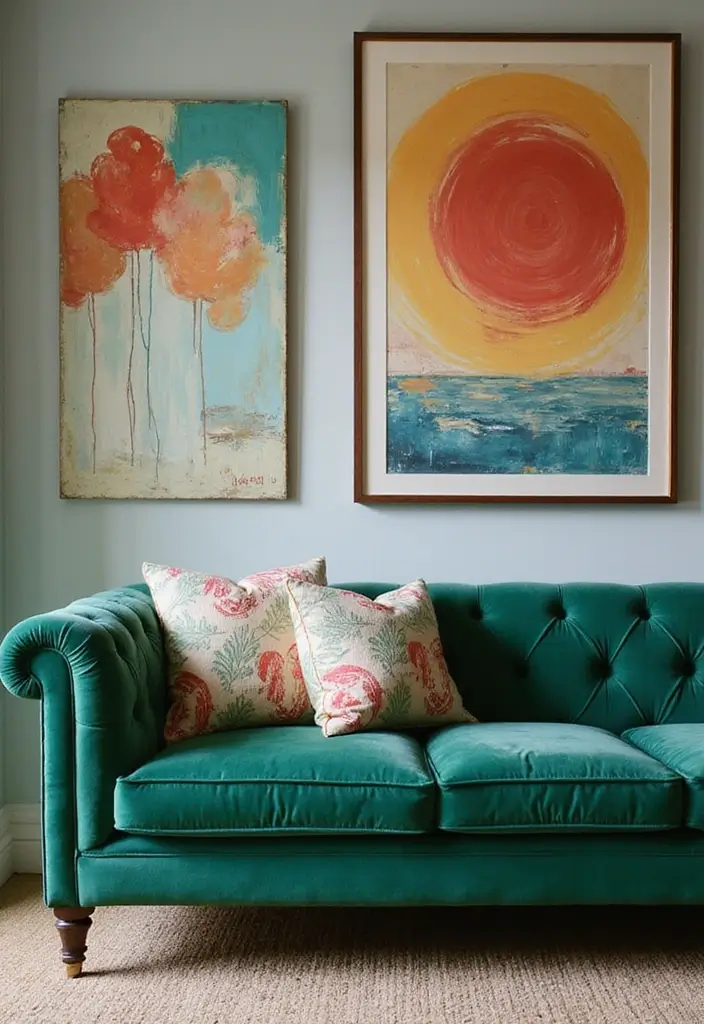 30 Pillows for an Emerald Green Couch That Make a Statement 26 30 Pillows for an Emerald Green Couch That Make a Statement - 26. Color Coordination with Artwork