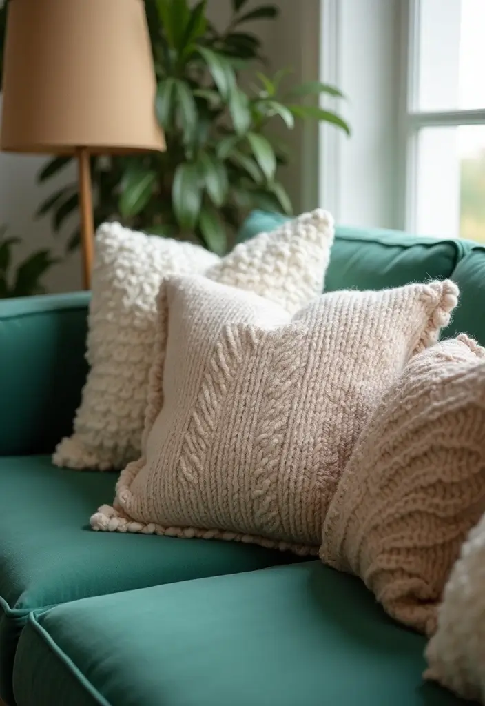 30 Pillows for an Emerald Green Couch That Make a Statement 6 30 Pillows for an Emerald Green Couch That Make a Statement - 6. Textured Knits and Woven Fabrics