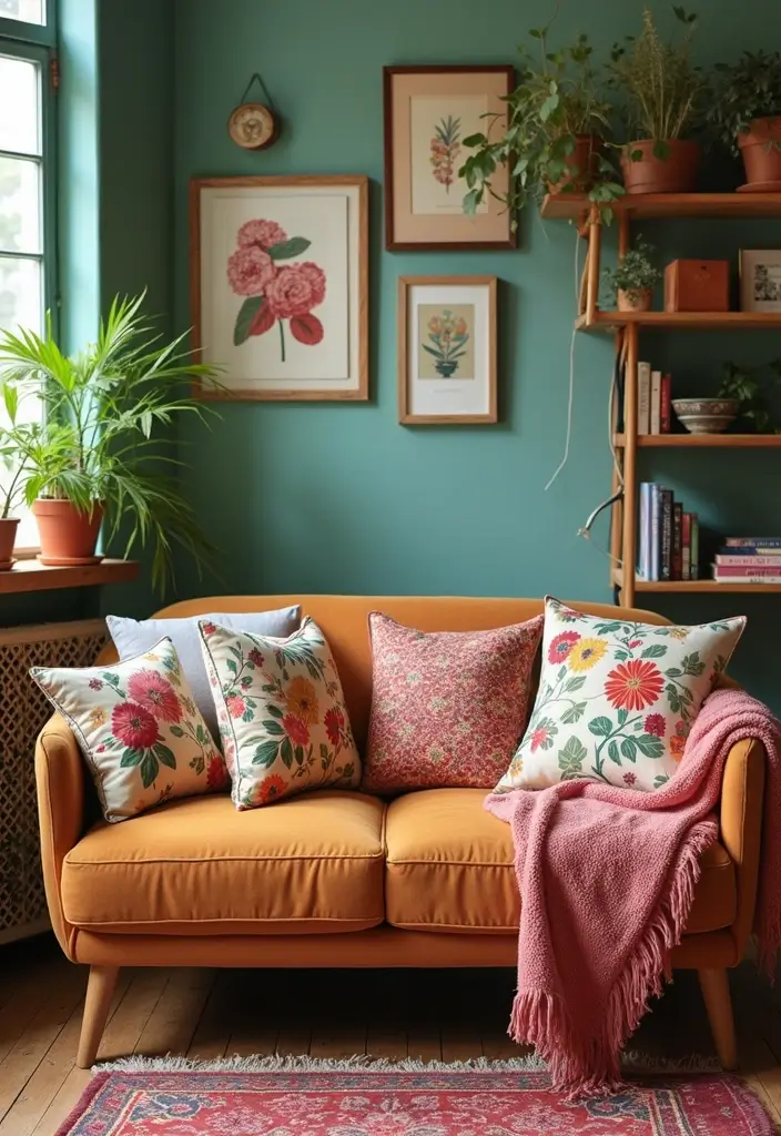 30+ Throw Pillow Design Ideas for Modern Living Rooms 30 30+ Throw Pillow Design Ideas for Modern Living Rooms - 30. Retro Floral Pillows
