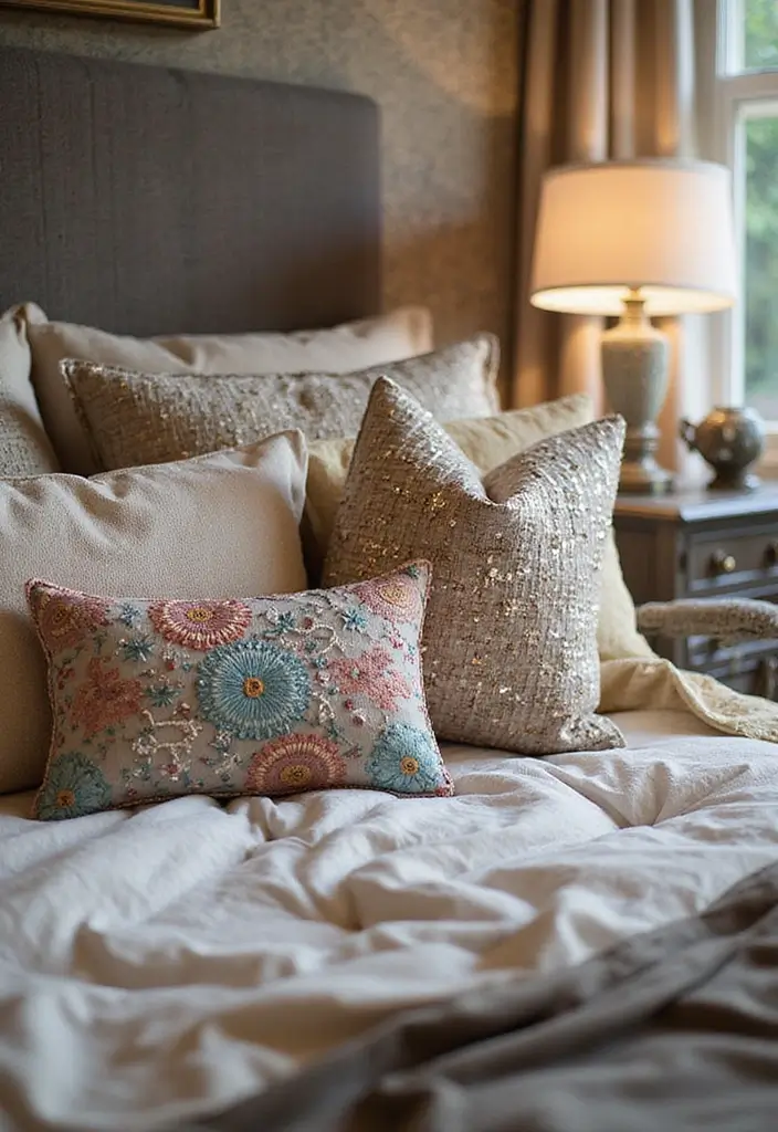 30 Throw Pillow Ideas for Bedrooms: Soft and Relaxing Looks 29 30 Throw Pillow Ideas for Bedrooms: Soft and Relaxing Looks - 29. Artistic Textures