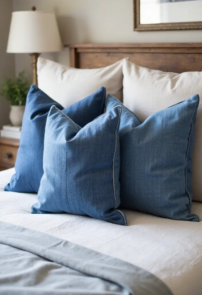 30 Throw Pillow Ideas for Bedrooms: Soft and Relaxing Looks 4 30 Throw Pillow Ideas for Bedrooms: Soft and Relaxing Looks - 4. Upcycled Denim
